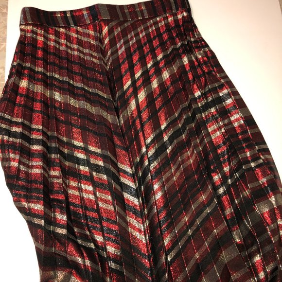 Sz S ZARA Red Black & Gold Metallic Accordian Pleated Striped Lurex Midi Skirt - Picture 7 of 16